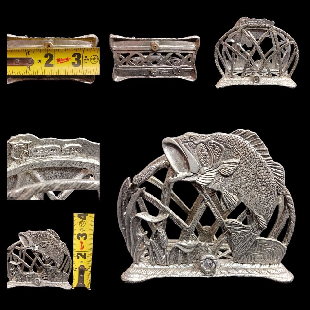 1990 Metzke Pewter Largemouth Bass Business Card Letter Napkin Holder Fishing